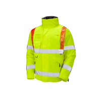 Leo Workwear Portmore Leo Ecoviz 4K Superior Baffle Lined Bomber Jacket With Red Braces Hi Vis