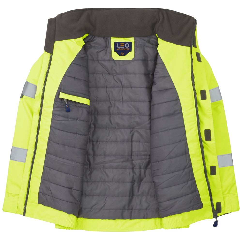 Leo Workwear Portmore Leo Ecoviz 4K Superior Baffle Lined Bomber Jacket With Red Braces Hi Vis