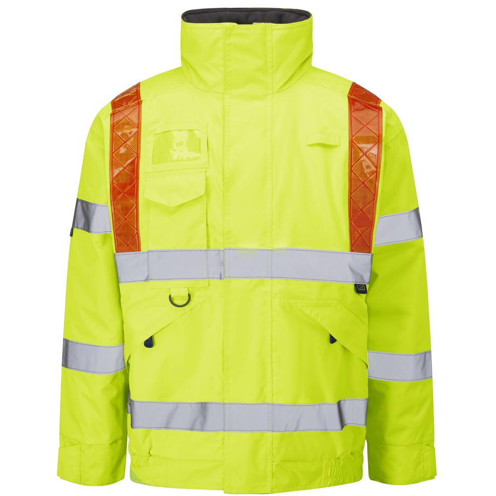 Leo Workwear Portmore Leo Ecoviz 4K Superior Baffle Lined Bomber Jacket With Red Braces Hi Vis