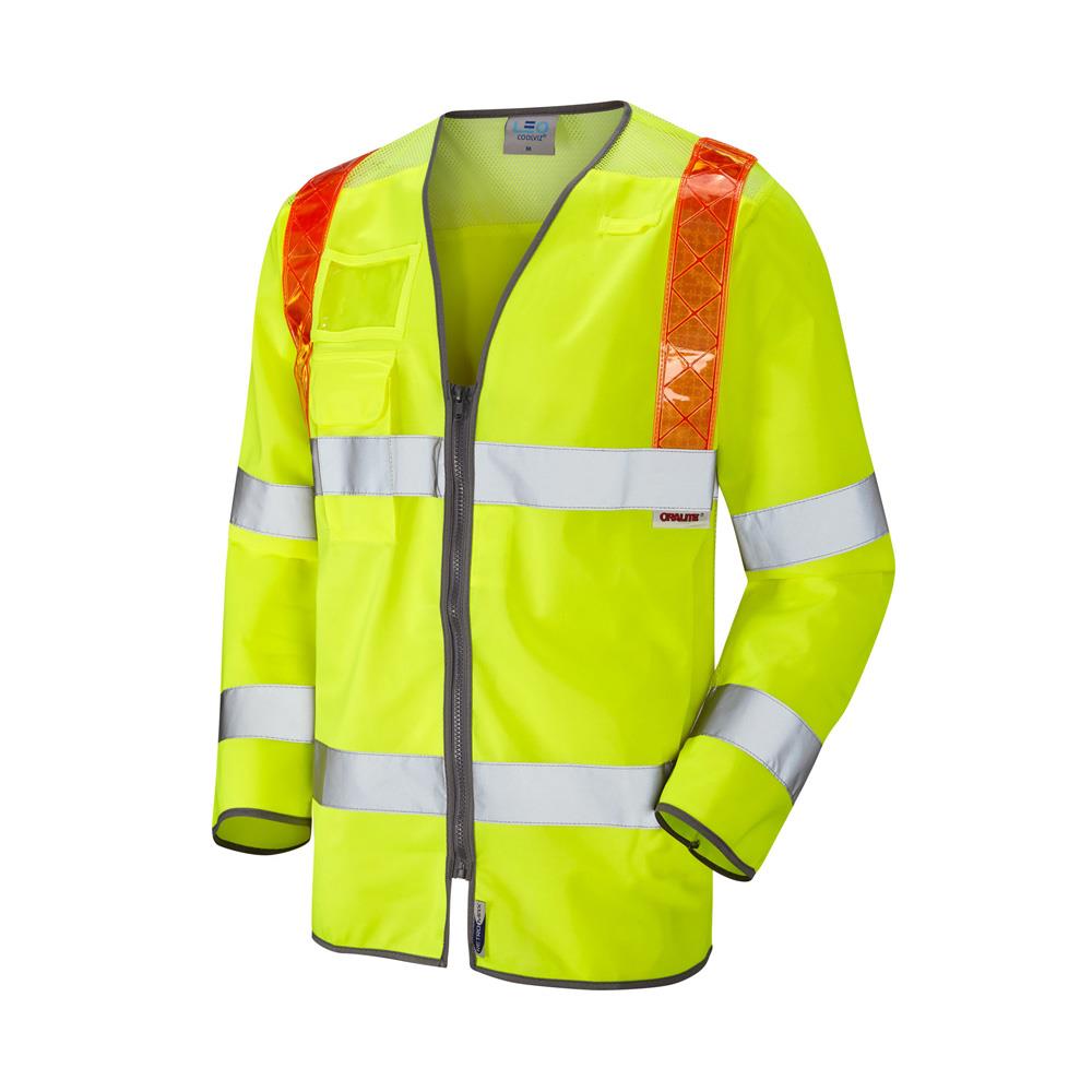 Leo Workwear Barbrook Leo Ecoviz Sleeved Waistcoat With Red Braces Hi Vis Traffic Waistcoat