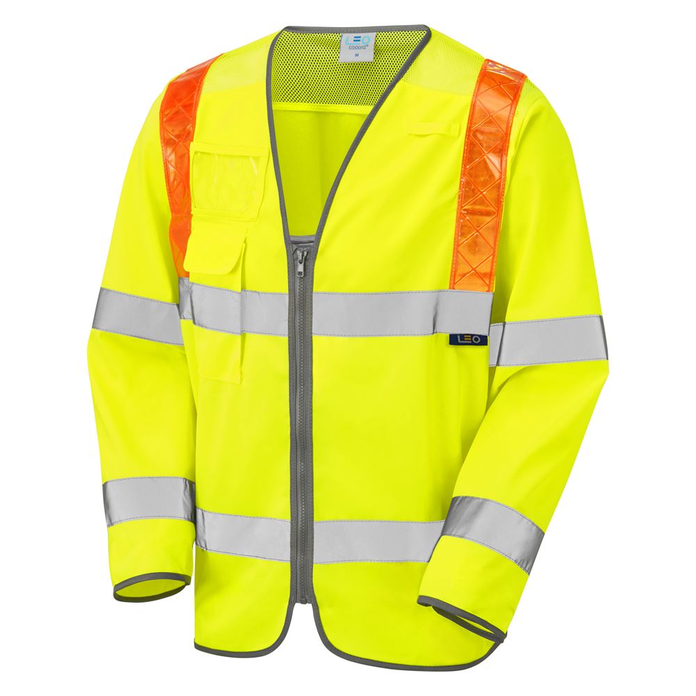 Leo Workwear Barbrook Leo Ecoviz Sleeved Waistcoat With Red Braces Hi Vis Traffic Waistcoat